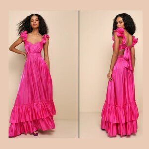 Lulu's Pristine Glow Magenta Pink Ruffled Tie-Back Maxi Dress Sz S